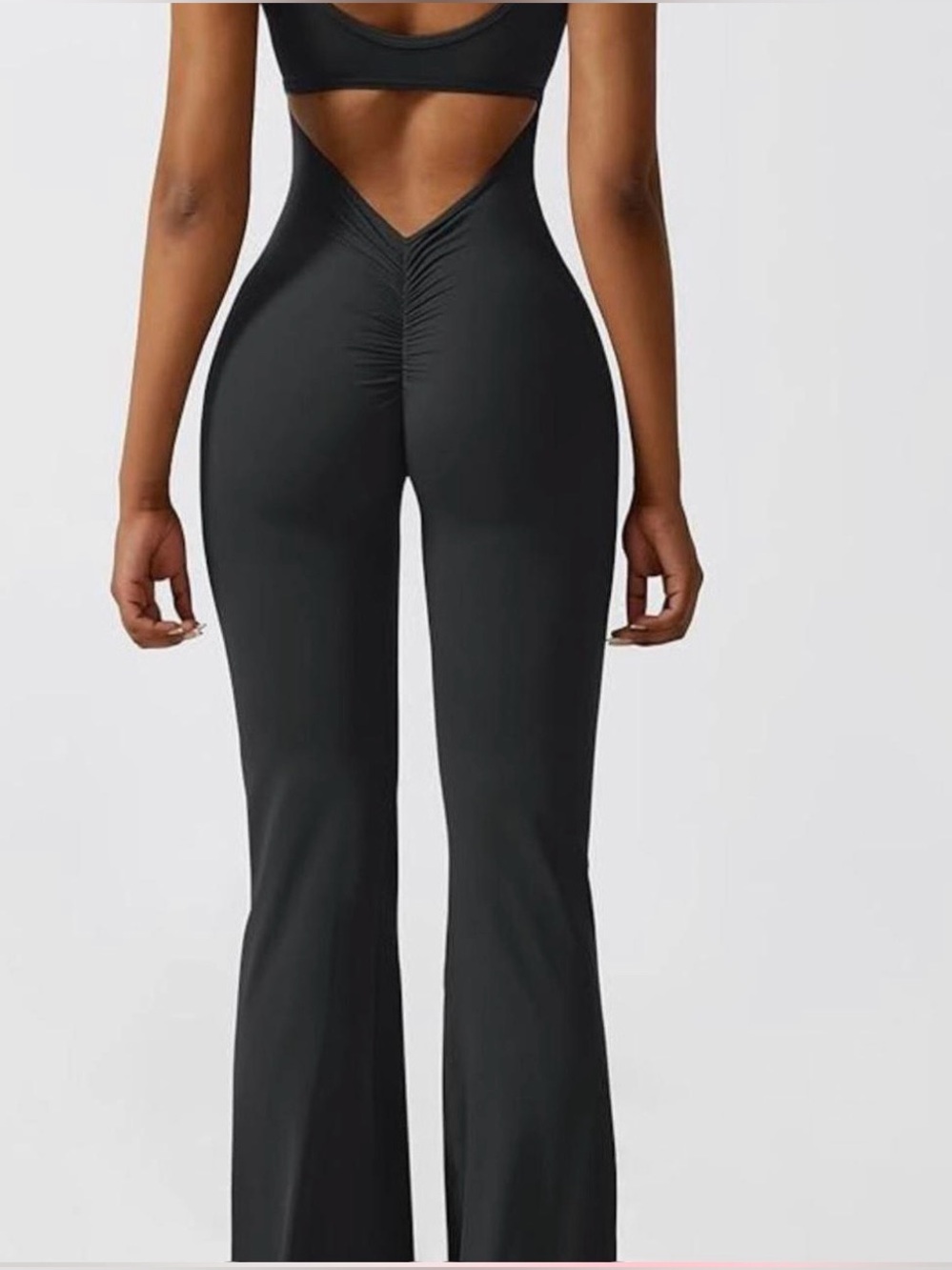 NEW, Black Scrunch Flare Jumpsuit One Piece Backless Cutout Butt Lift Bodysuit